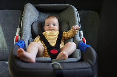 Bebek koltuğuna bağlanmış şirin bir bebek.