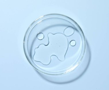 Petri kabında açık mavi arka planda kozmetik ürünü, üst görünüm