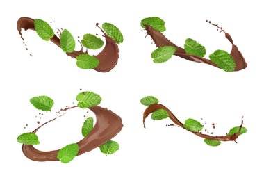 Çikolata damlaları ve nane yaprakları beyaz arka planda, set