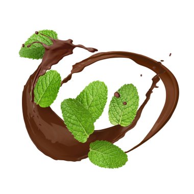 Çikolata damlaları ve nane yaprakları beyaz arka planda havada.