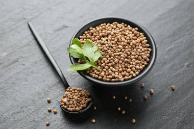 Kase içinde kişniş tohumları, kaşık ve taze kişniş yaprakları koyu dokulu masa, yakın çekim