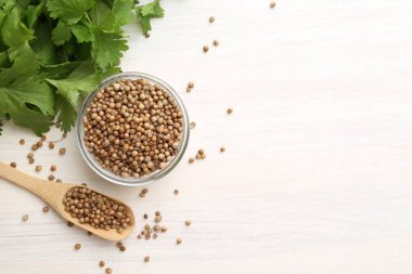 Kase içinde kişniş tohumları, kaşık ve taze kişniş yaprakları açık ahşap masa, düz yatak. Metin için boşluk