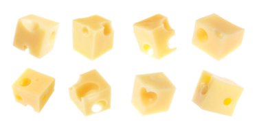 Beyaz arka planda taze peynir küpleri, kolaj