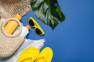 Plaj aksesuarları ve mavi arka planda palmiye yaprağı. Metin için boşluk