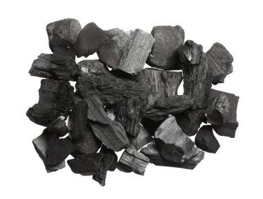 Siyah kömür parçaları beyaza izole edilmiş, üst manzara