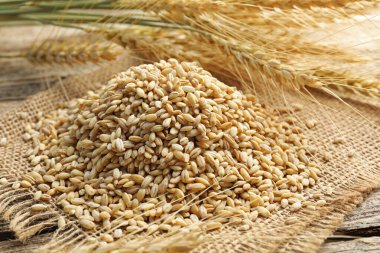 Tahta masadaki buğday filizi ve tahıllar, yakın plan.