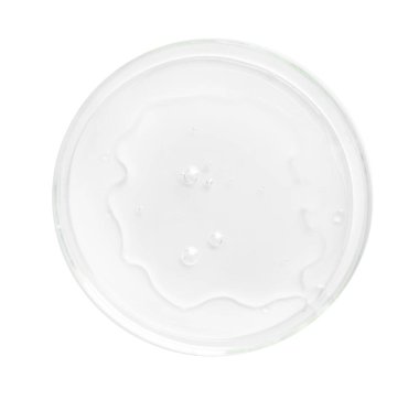 Petri kabındaki kozmetik ürünü beyaz, üst görünümde izole edilmiş