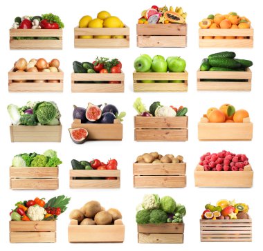 Tahta sandıklardaki taze meyve ve sebzeler beyaz, kolaj üzerine izole edilmiş.