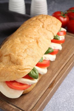 Mozarella peynirli, domatesli ve fesleğenli lezzetli sandviç. Gri desenli masa, yakın plan.