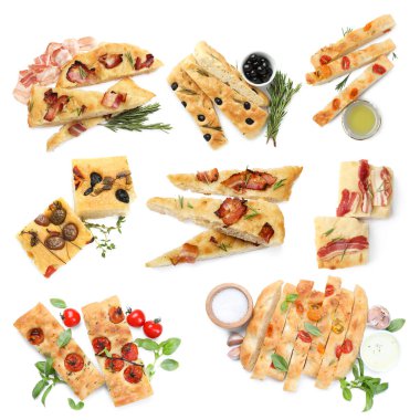 Geleneksel Focaccia 'yı beyaz arka plan ve kolaj malzemeleriyle kes. Üst görünüm