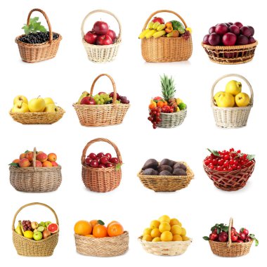 Beyazlara izole edilmiş sepetlerdeki taze meyve ve meyveler, kolaj.