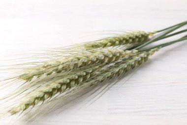 Yeşil buğday çivileri açık ahşap masada, yakın plan