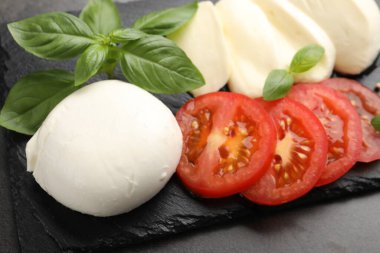 Lezzetli mozzarella peyniri, domates ve fesleğen gri masada, yakın plan.