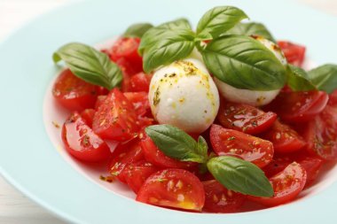 Mozarella, domates, fesleğen ve baharatlı Caprese salatası.