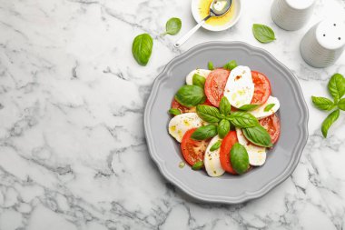 Beyaz mermer masada mozzarella, domates, fesleğen ve baharatlı Caprese salatası. Metin için boşluk