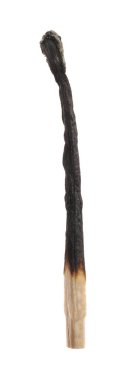 Yanmış bir kibrit beyazda izole edilmiş. Yangın başlatmak için araç