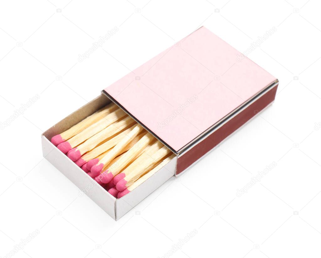 Matches in box isolated on white. Mockup for design