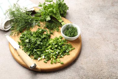 Gri masada farklı taze otlar ve bıçak, yakın plan. Metin için boşluk