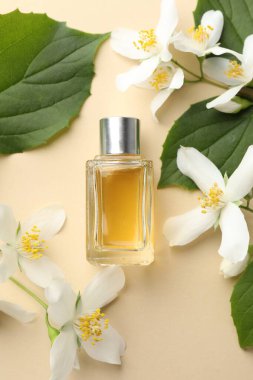 Bir şişe parfüm, güzel yasemin çiçekleri ve bej arka planda yeşil yapraklar.
