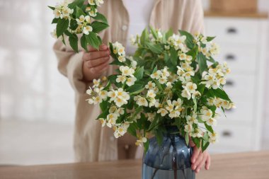 Ahşap masada yasemin dallarından buket yapan kadın, yakın plan.