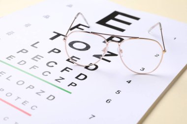 Bej arka planda görüş testi şeması ve gözlük, yakın plan