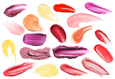 Beyaz arka planda farklı tonlarda dudak estetiği, set. Ürün paleti
