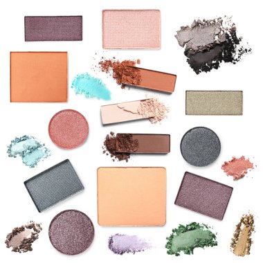 Beyaz arka planda farklı renklerde göz farı, set. Kozmetik ürün paleti