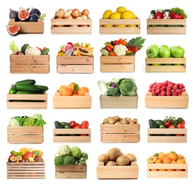 Tahta sandıklardaki taze meyve ve sebzeler beyaz, kolaj üzerine izole edilmiş.