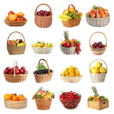 Beyazlara izole edilmiş sepetlerdeki taze meyve ve meyveler, kolaj.