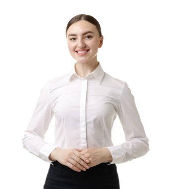 Portrait of hostess in uniform on white background