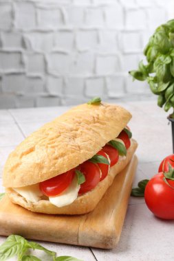 Mozarella peynirli, domatesli ve fesleğenli lezzetli sandviç gri desenli duvara karşı, yakın plan.
