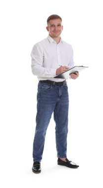 Beyaz arka planda panosu ve kalemi olan bir psikolog.