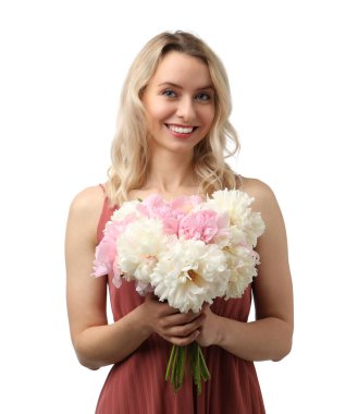 Beyaz arka planda şakayık demeti olan mutlu bir kadın.