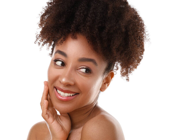 Portrait of beautiful Brazilian woman on white background
