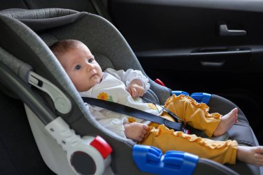Bebek koltuğuna bağlanmış şirin bir bebek.