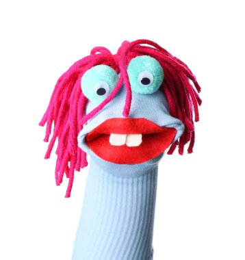 Beyaz saçlı, komik çorap kuklası.