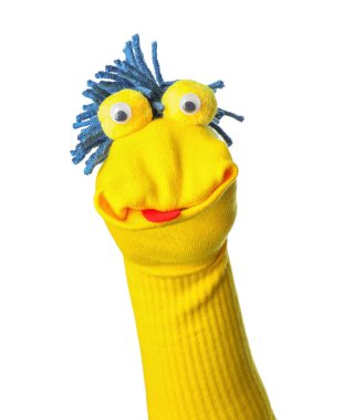 Beyaz saçlı, komik çorap kuklası.