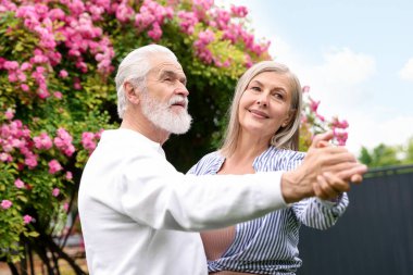 Güzel yaşlı çift, açık havada pembe güllerin arasında dans ediyor.