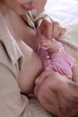 Anne yeni doğmuş bebeğini evde emziriyor.