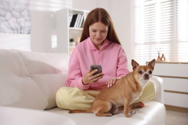 Evdeki kanepede akıllı telefonu ve köpeği olan güzel bir genç kız.