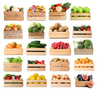 Tahta sandıklardaki taze meyve ve sebzeler beyaz, kolaj üzerine izole edilmiş.