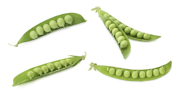 Зеленый горошек в стручках, изолированный на белом, комплект