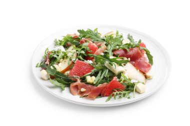 Lezzetli salata roka, prosciutto, peynir, armut, greyfurt ve fındık.