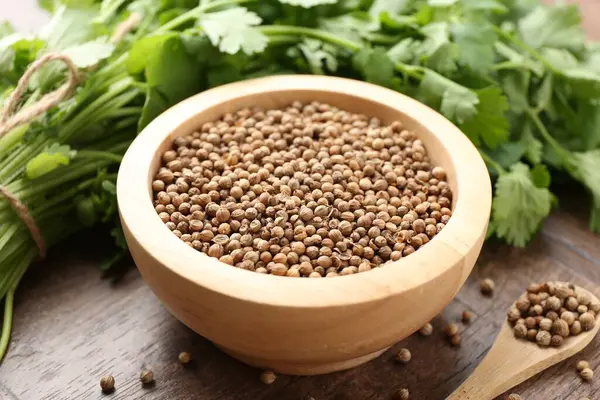 Taze kişniş ve kişniş tohumları ahşap masada, yakın plan.