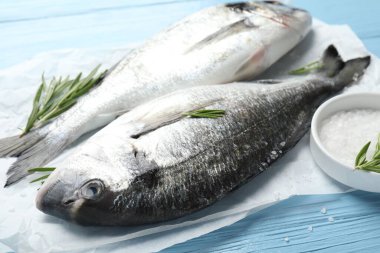 Mavi ahşap masadaki baharatlı taze çiğ dourade, yakın plan. Balık ve deniz ürünleri lezzetleri