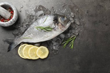 Organik deniz ürünleri. Taze çiğ dorado balığı, buz, limon dilimleri ve gri masada biberiye. Metin için boşluk