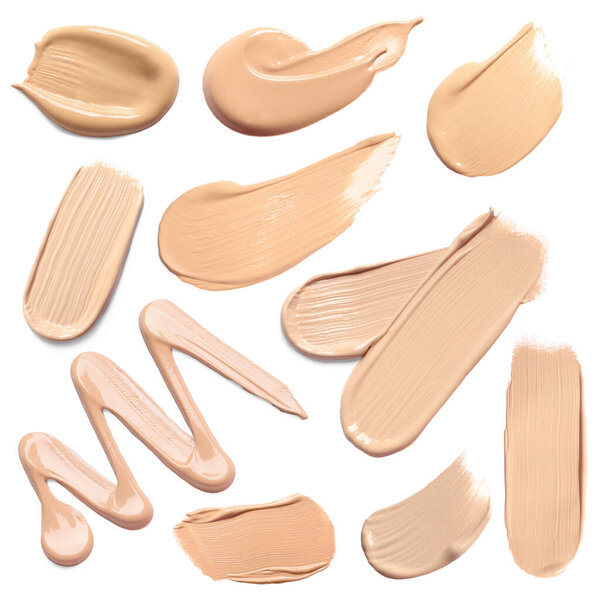 Skin foundation in different shades on white background, set. Palette of cosmetic product