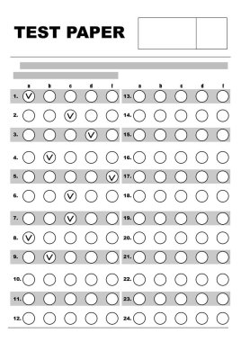 Üzerinde işaretli cevaplar olan test kağıdı. Öğrenciler için Sınav