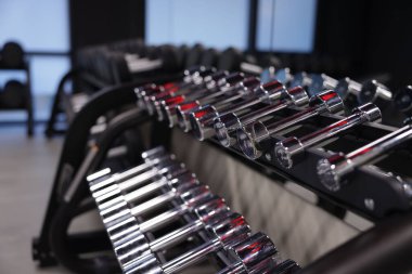 Spor salonunda bir sürü metal dambıl var.