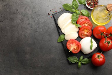 Lezzetli mozzarella peyniri, domates, fesleğen ve baharatlar gri masada, düz yayılmış. Metin için boşluk